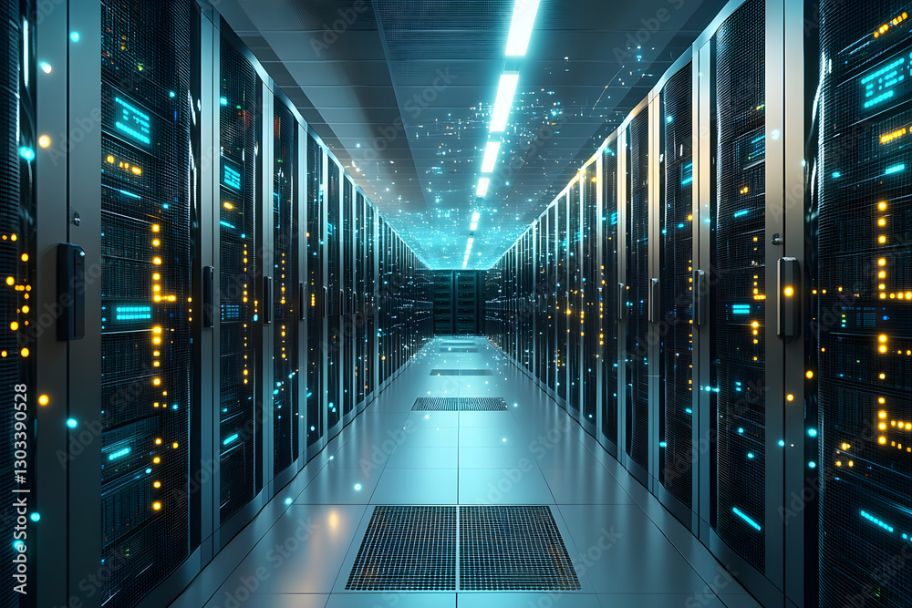 server room with a close-up view of the server racks, highlighting the blinking blue, yellow, and white status lights server room with a close-up view of the server racks, highlighting the blinking blue, yellow, and white status lights