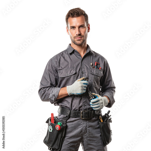 Wallpaper Mural Skilled electrician in gray jumpsuit with tool belt gloves and pliers isolated on white Professional tradesman concept Torontodigital.ca