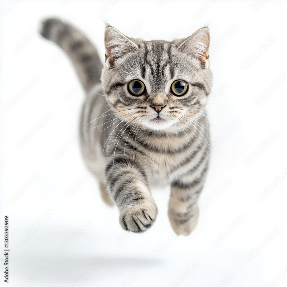 Title: Grey Tabby Kitten, Playful, Leaping Forward on White Background Title: Grey Tabby Kitten, Playful, Leaping Forward on White Background