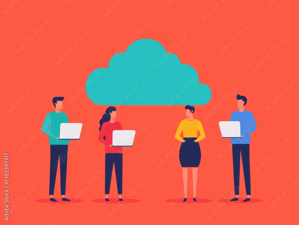A group of four people stand with laptops, engaging with a cloud symbol overhead, depicting teamwork in cloud technology. A group of four people stand with laptops, engaging with a cloud symbol overhead, depicting teamwork in cloud technology.