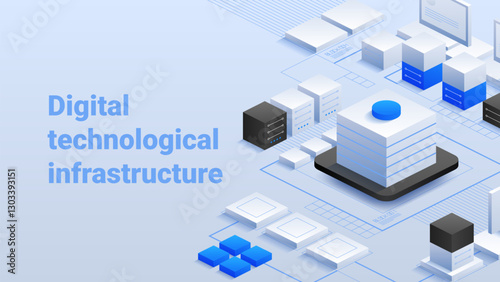 Digital Technological Infrastructure. Modern network connections and digital integration. Efficient data management. Blockchain technology. Vector isometric illustration