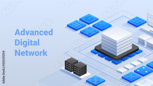 Isometric vector illustration of an Advanced Digital Network. Сloud computing, AI-driven automation and secure data transmission. Scalable networking architecture with virtualized systems