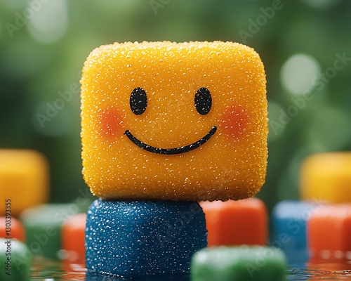 Smiling block face in garden