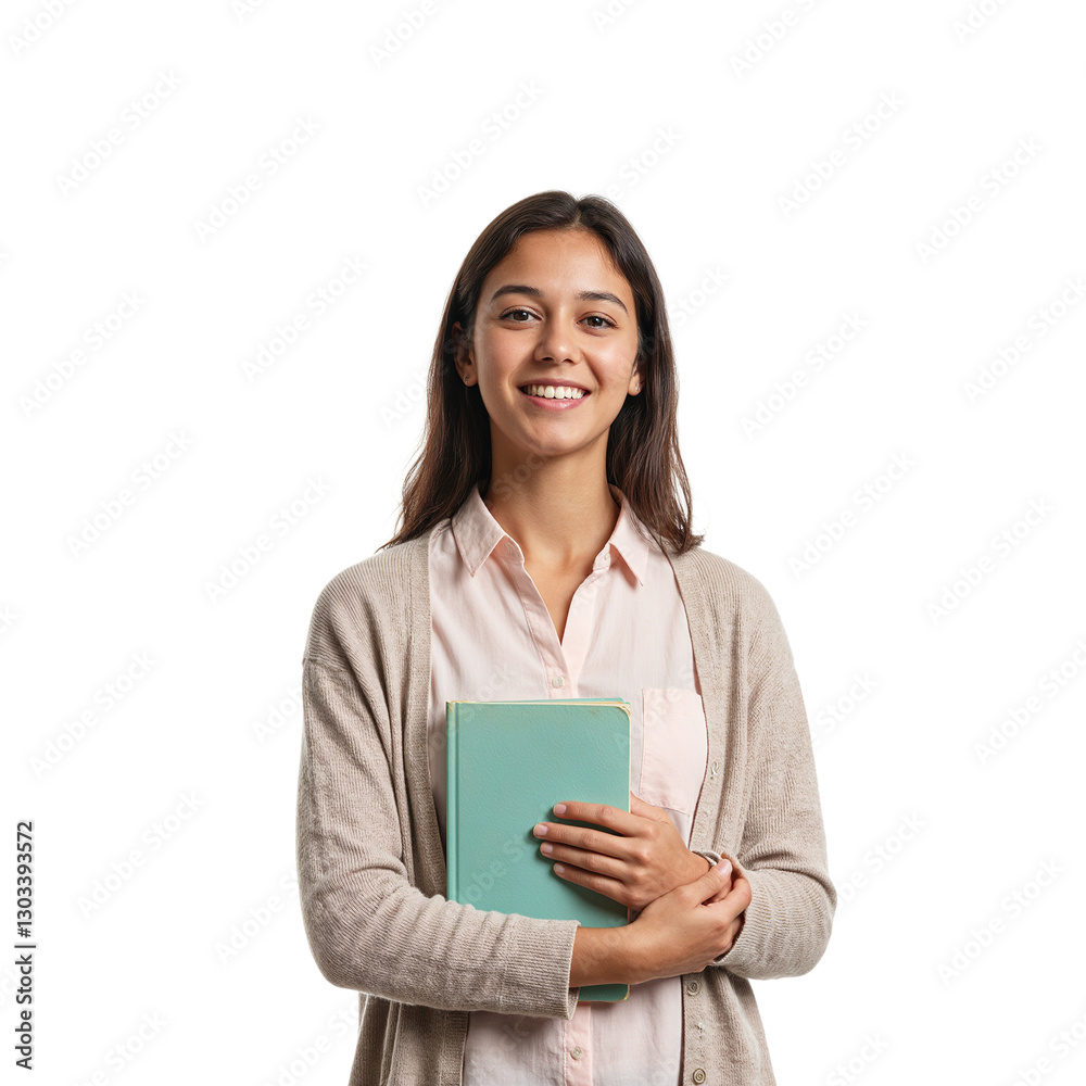 Portrait of young female teacher in pastel blouse and cardigan holding textbook and smiling warmly Radiates knowledge and kindness Portrait of young female teacher in pastel blouse and cardigan holding textbook and smiling warmly Radiates knowledge and kindness