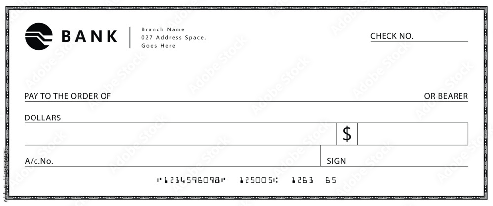 Bank check, vector blank money cheque, checkbook template with guilloche pattern and fields. Currency payment coupon, money check background Bank check, vector blank money cheque, checkbook template with guilloche pattern and fields. Currency payment coupon, money check background