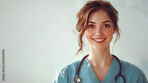 friendly and compassionate female nurse in her 30s wearing a stethoscope posing for a professional portrait on a clean white background symbolizing patient care and medical support