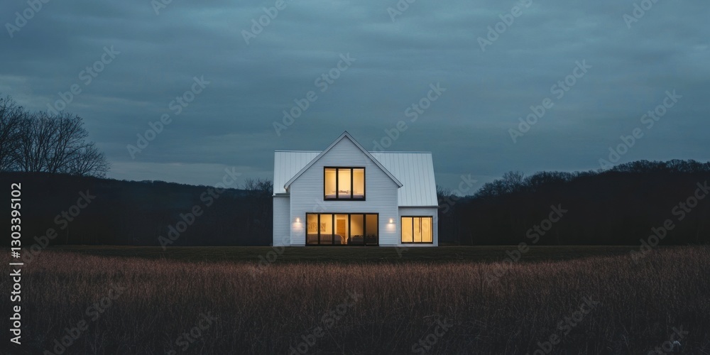 white modern house with its lights on stands in a field at dusk, real estate white modern house with its lights on stands in a field at dusk, real estate