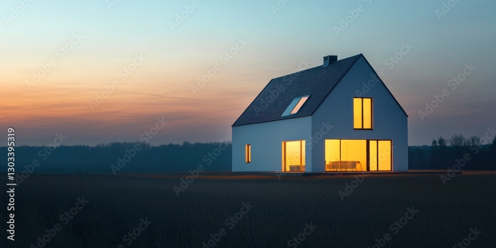white modern house with its lights on stands in a field at dusk, real estate white modern house with its lights on stands in a field at dusk, real estate