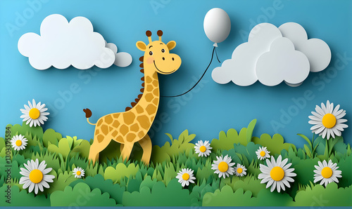 Cartoon giraffe with balloon in a paper cut-out meadow. Possible use Children's book illustration photo