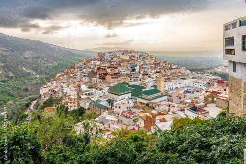 Moulay Idriss Zerhoun, Morocco - March 20, 2024: Pretty view of the town of Moulay Idriss Zerhoun on a hill, Morocco