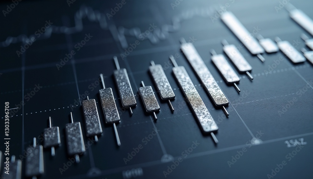 High-end embossed candlestick charts in silver and navy gradient for sophisticated financial analysis High-end embossed candlestick charts in silver and navy gradient for sophisticated financial analysis