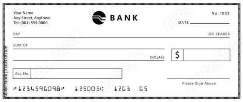 Bank check, vector blank money cheque, checkbook template with guilloche pattern and fields. Currency payment coupon, money check background