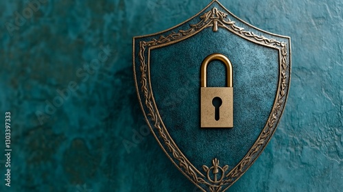A shield with a padlock in the center against a green background with copy space, conveying confidentiality and protection of classified data information