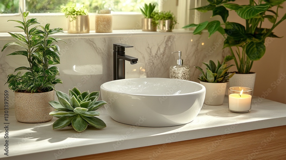 Fototapeta premium Sunlit bathroom sink with plants and candles