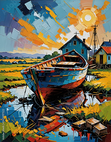 Boat on the river. Oil painting