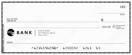 Bank check, vector blank money cheque, checkbook template with guilloche pattern and fields. Currency payment coupon, money check background
