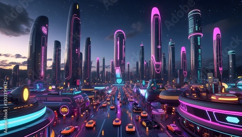Full 360 degrees seamless spherical panorama HDRI equirectangular projection of Cyberpunk Night City Tron Future rendering 3d scenes.
