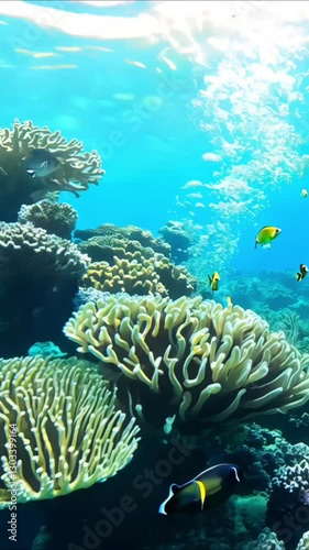 4K Aerial Footage of Vibrant Coral Reef Underwater with Marine Life, Clear Blue Ocean, Tropical Ecosystem