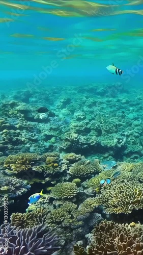 4K Aerial Footage of Vibrant Coral Reef Underwater with Marine Life, Clear Blue Ocean, Tropical Ecosystem