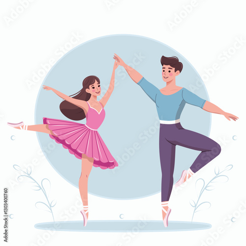 Couple of pretty and gentle ballerina man and woman dancing on white background. Poster, Banner, Flyer, Greeting Card. Vector illustration in flat cartoon style