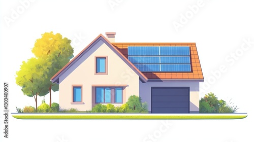 sustainable home with solar panels on the roof providing energy-efficient clean electricity and reducing environmental impact through renewable energy solutions in residential areas