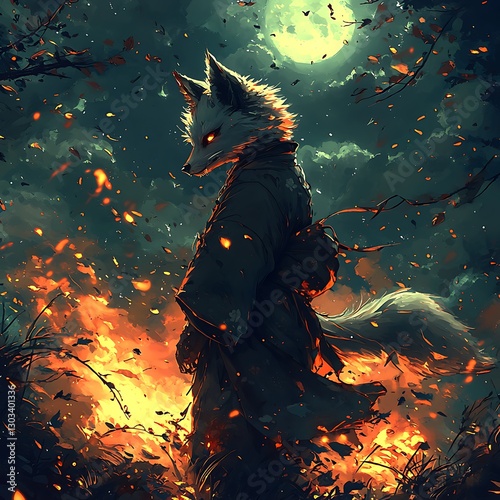 White Fox in Fire at Night