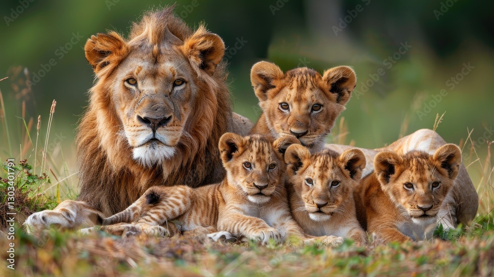 A majestic lion with four playful cubs in a serene natural setting, showcasing wildlife beauty and family bonding in the animal kingdom. A majestic lion with four playful cubs in a serene natural setting, showcasing wildlife beauty and family bonding in the animal kingdom.