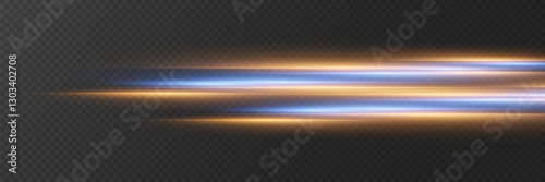 Neon lines of speed and movement of horizontal rays. On a transparent background.