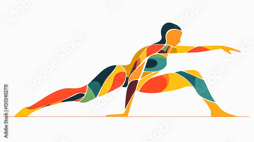 A woman is doing a yoga pose with her arms outstretched