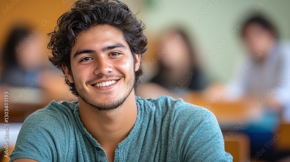 Obraz premium young college scholar sitting in a school classroom attending a university lecture focused on education knowledge and personal growth in an academic setting