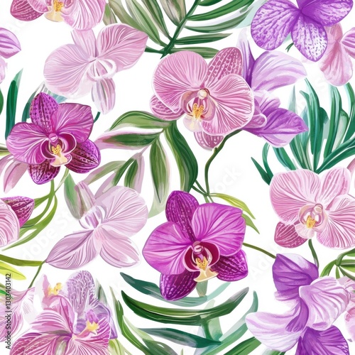 Wallpaper Mural Seamless pattern of watercolor orchid flowers and tropical leaves, in a color palette of pink, purple, blue, and green Torontodigital.ca