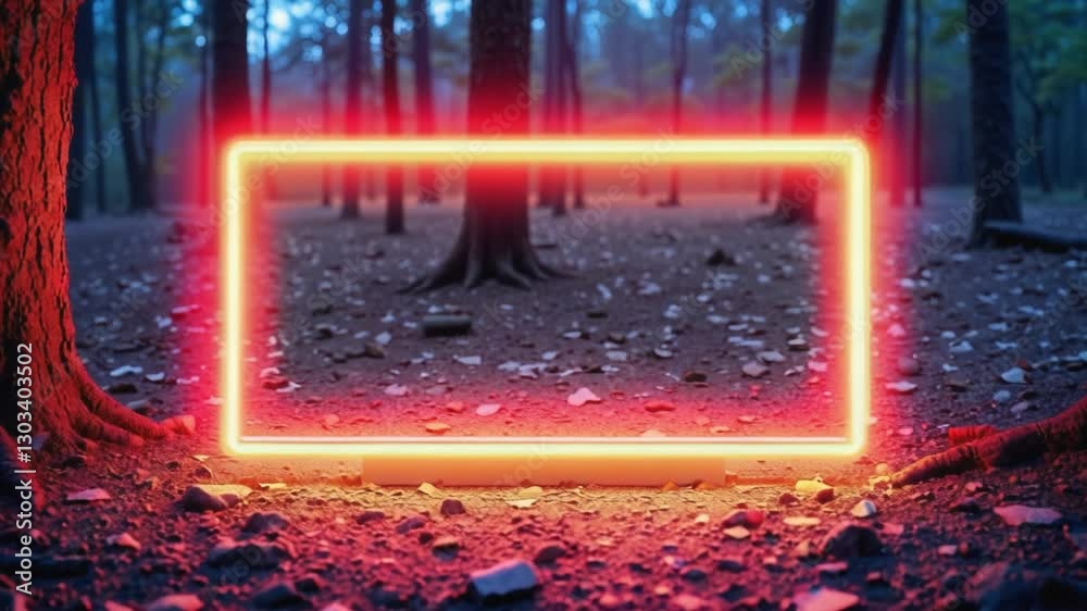 Rectangular neon shimmering luminous form on the background of a dirt forest surface, rectangular neon for product display presentation