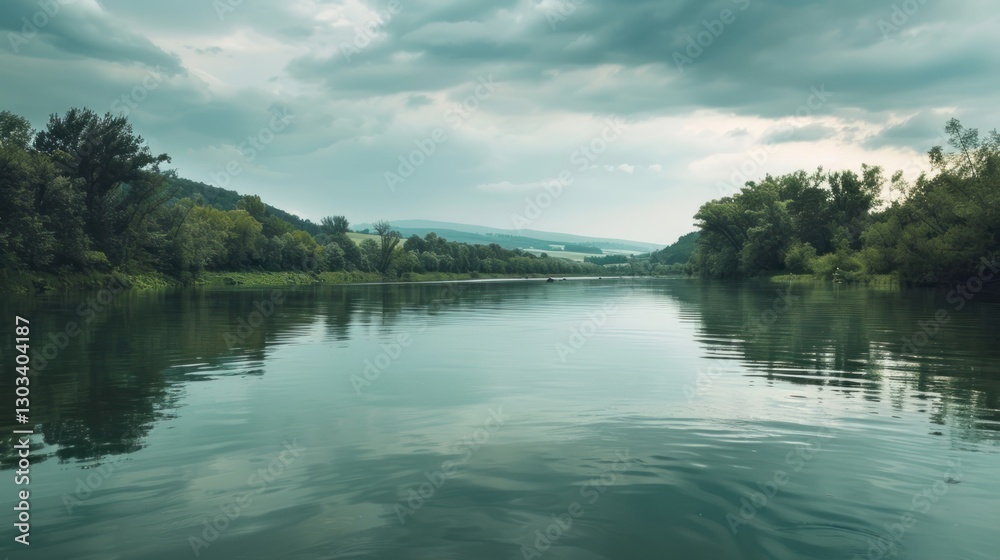 Serene River Landscape Under a Cloudy Sky Serene River Landscape Under a Cloudy Sky