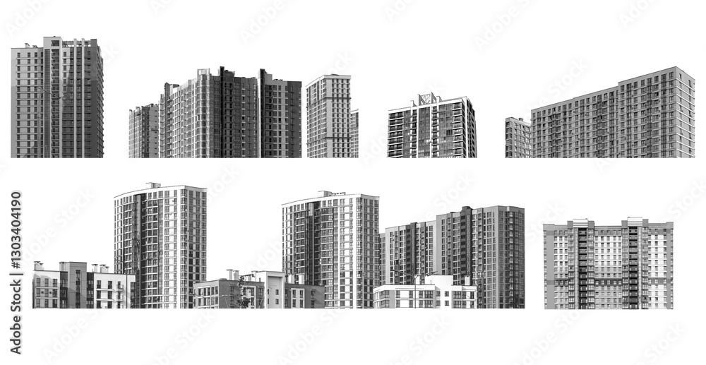 Fototapeta premium Architecture set featuring modern high-rise residential buildings with concrete facades in an urban metropolis. Multi-story housing, real estate development, contemporary design. Isolated on white