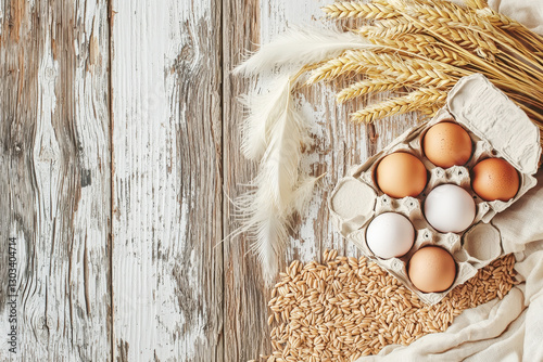 Rustic Farm Fresh Eggs with Wheat and Feathers on Wooden Table