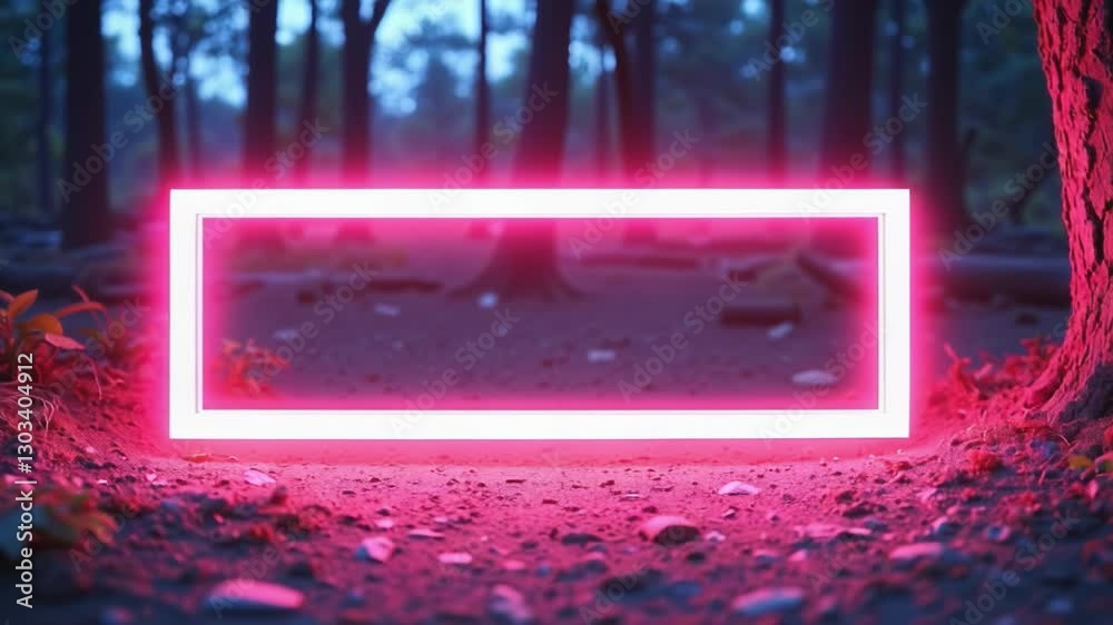 Rectangular neon shimmering luminous form on the background of a dirt forest surface, rectangular neon for product display presentation