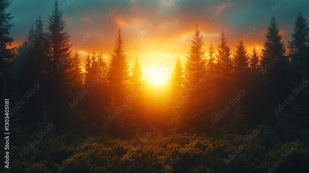 Naklejka premium Towering pine trees bathed in warm sunset sunlight symbolize resilience, longevity, and inner peace The upward view of the autumn forest evokes growth renewal and a deep connection with nature