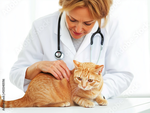 middle aged woman veterinarian examines orange tabby cat in bright clinic. scene conveys care and professionalism in animal healthcare