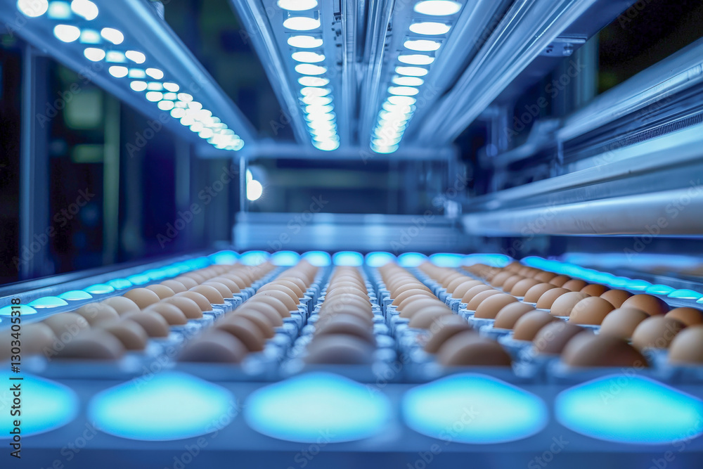 Obraz premium High-Tech Egg Sorting Process with Blue UV Lighting in a Modern Facility