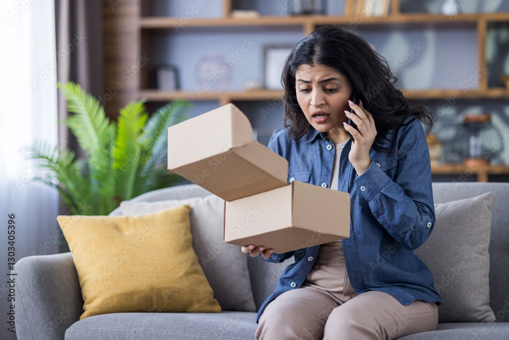 A shocked young woman calls customer service after opening a delivered package at home. A shocked young woman calls customer service after opening a delivered package at home.