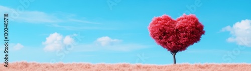 A whimsical heart-shaped tree under a clear blue sky on a vibrant landscape.