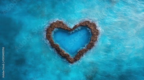 Aerial view of a heart-shaped rock formation surrounded by clear blue water.