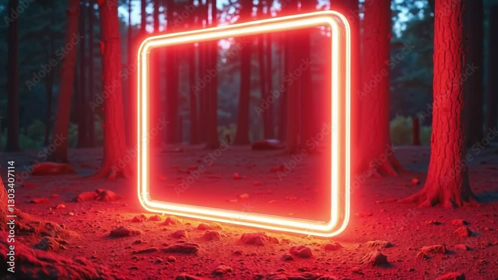 Rectangular neon shimmering luminous form on the background of a dirt forest surface, rectangular neon for product display presentation