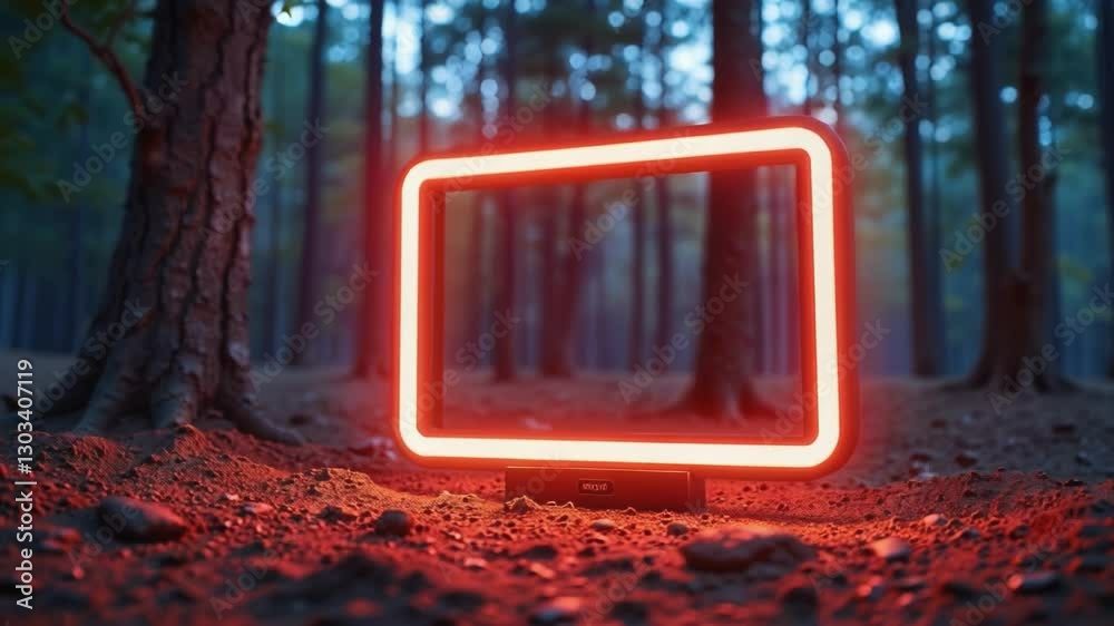 Rectangular neon shimmering luminous form on the background of a dirt forest surface, rectangular neon for product display presentation