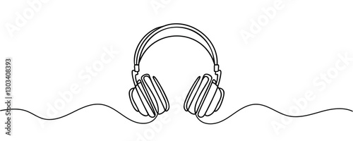 continuous line drawing of headphones music musical sound wave vector illustration .