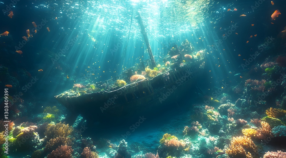 Obraz premium Peaceful Underwater World Featuring an Ancient Shipwreck and Vibrant Coral Reefs