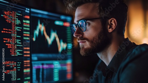 digital finance professional studying a forex and crypto trading chart focusing on blockchain market trends investment planning stock analysis and economic growth strategies