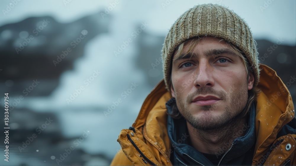 Close-up portrait of a young man in a winter hat and jacket, outdoors in cold weather.  Suitable for travel, fashion, or winter themes.