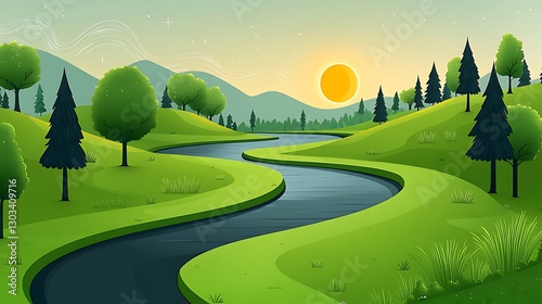 Serene River Winding Through Hills