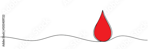 Red drop line art in one line style. Outline on white background. Vector illustration